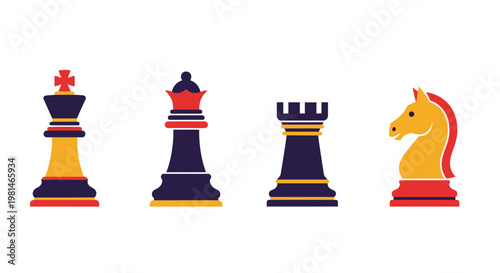 Set of chess pieces: king, queen, rook, knight, flat design, vector illustration