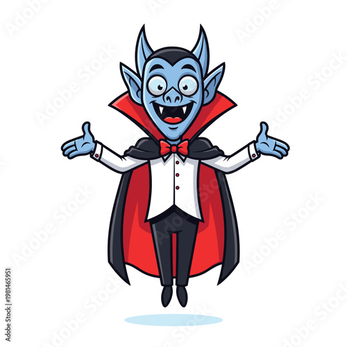 Happy blue skin vampire cartoon character with red cape and fangs welcoming with open arms