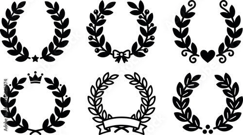 Black laurel wreath vector art set with star crown bow heart and ribbon