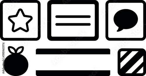 Black and white icons star message speech fruit and striped square vector art