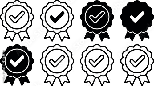 Black and white checkmark rosette ribbon badges set vector art