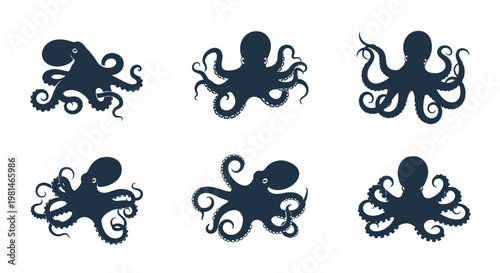 Set of Six Dark Blue Octopus Silhouettes on White Background, Marine Life Icons