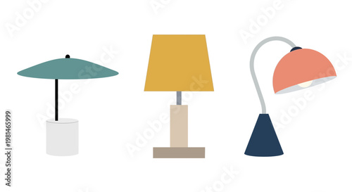 Set of three modern desk lamps in different colors and styles