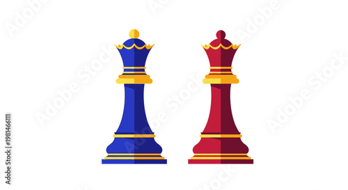 Two Chess Queens, Blue and Red, Facing Each Other on White Background