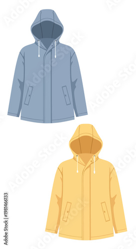 Two Raincoats, Blue and Yellow, with Hoods, Front View, Isolated on White Background