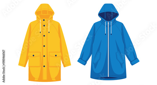 Yellow and Blue Raincoats with Hoods, Isolated on White Background