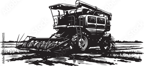Combine Harvester in Field Illustration Black and White