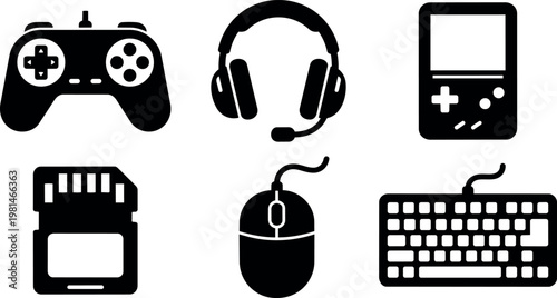Black silhouette vector art of gaming controller headset mouse keyboard and memory card