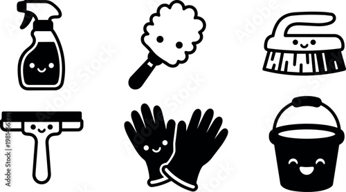 Black and white cute cleaning tools icons with smiling faces vector art