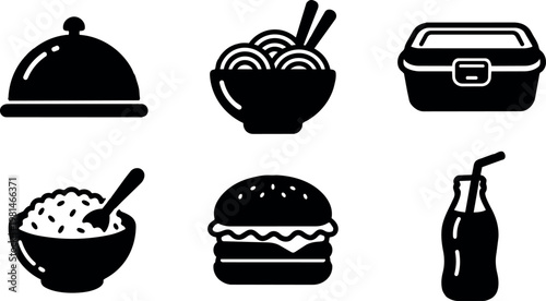 Black and white vector icons of lunch food bowl burger and drink