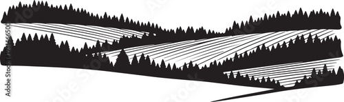 Black and white illustration of a rural landscape scene