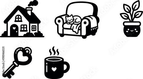 Black and white cozy home icons with cat cup plant and key