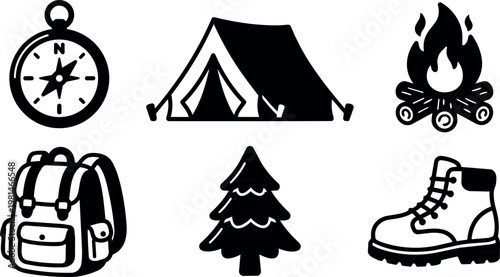 Black and white camping icons with compass tent fire backpack tree and boot vector art