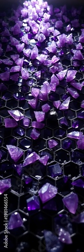 Amethyst shards bloom across an obsidian honeycomb, celestial geometry in crystalline arrays, seen from beneath, crystals cluster,  precious