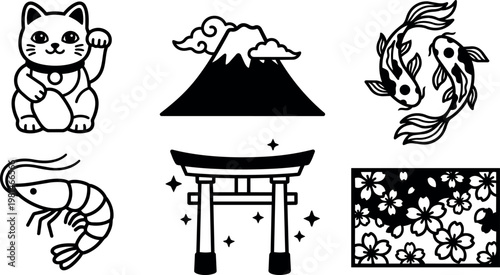 Black and white line art maneki neko mountain torii koi shrimp and cherry blossoms