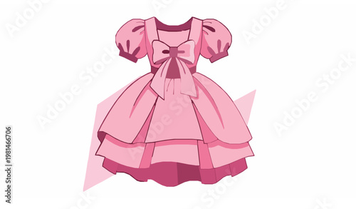 Princess Style Pink Dress with Decorative Front Bow Flat Vector Illustration for Girls Clothing Design