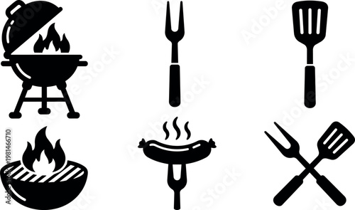 Black and white barbecue grill fork and spatula cooking utensils vector art