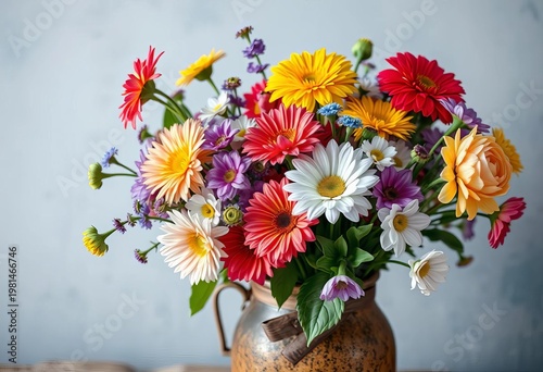Vibrant bouquet of assorted flowers in a rustic vase,  flower shop,  vase