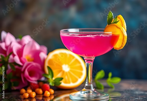Vibrant pink chickpea-based cocktail in a coupe glass,   spring,  plant-based