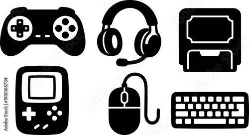 Black and white gaming devices controller headset floppy disk mouse keyboard vector art