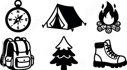 Black and white line art camping gear set with compass tent fire backpack tree and boot