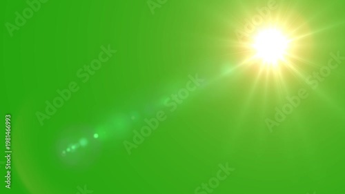 sun shining light optical lens flare effect with rotating sunlight rays on green background Chroma Key ,golden shining Sunlight rays of light optical lens flare bright light on green screen background