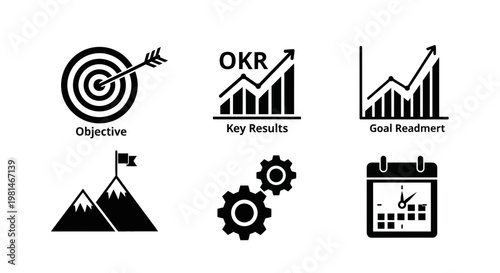 A set of black and white vector icons representing business strategy and goal setting