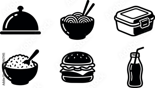 Black and white food icons bowl with chopsticks burger and soda bottle vector art