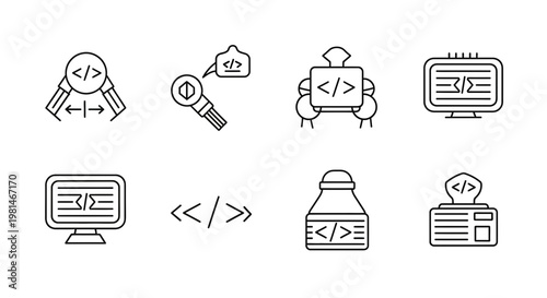 A set of eight line art coding icons including symbols and objects related to programming and web development.