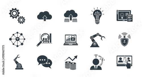 A set of black and white vector icons representing business and technology concepts