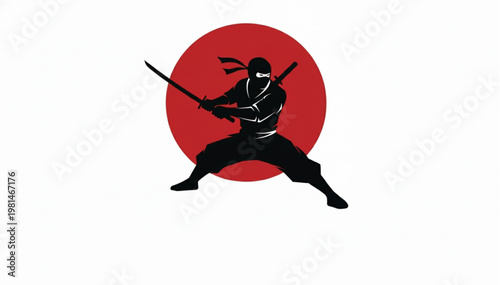 Ninja silhouette with katana sword on red circle background minimalist vector illustration