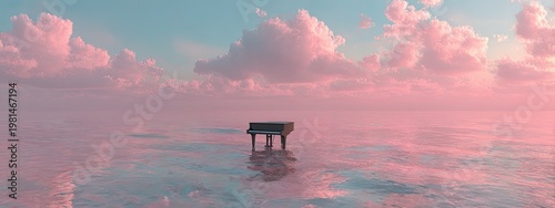 Grand piano stands on a water surface under a pastel sky full of pink fluffy clouds