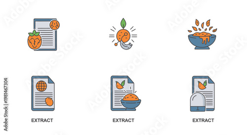 A set of six vector icons illustrating the concept of orange extract, featuring documents, oranges, and bowls in a flat design style.