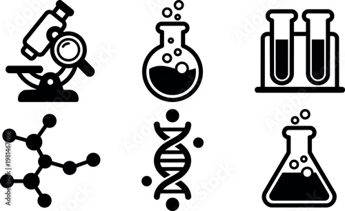 Black and white laboratory equipment icons including microscope dna test tubes and flasks