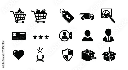 A set of black and white vector icons representing e-commerce and online shopping concepts