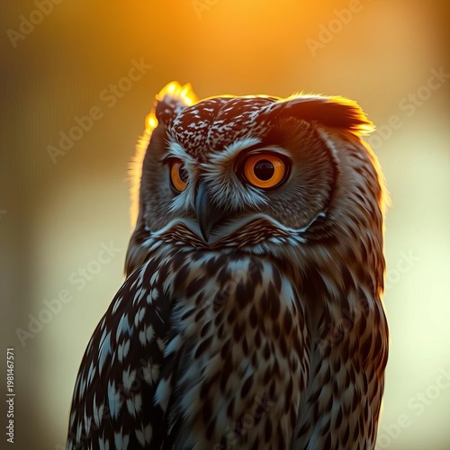 Golden hour casts a soft glow on an owl's knowing glance, hinting at nighttime wonders,  serene,  close-up