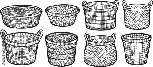 Collection of eight wire mesh baskets with handles in various sizes Vector
