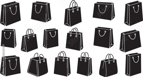 Collection of black shopping bags on white background illustration