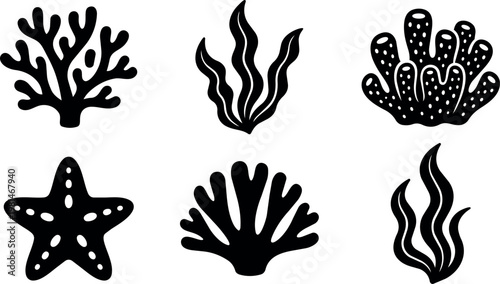 Ocean coral seaweed and starfish silhouettes