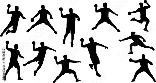 Silhouette collection of handball players in various dynamic poses during a game, isolated on white background.
