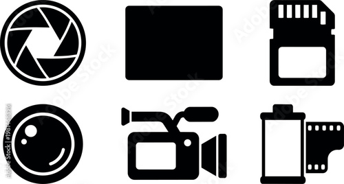 Black camera aperture lens sd card film roll and camcorder icons set