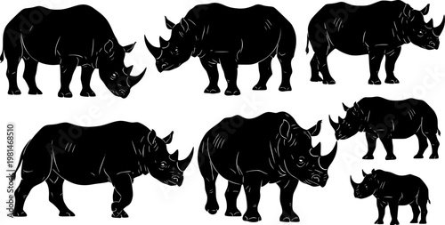 Collection of black rhino silhouettes in various poses, representing wildlife and nature conservation.
