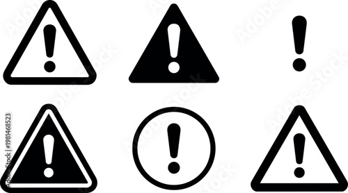 Black and white exclamation mark warning symbols in various triangle and circle shapes vector art