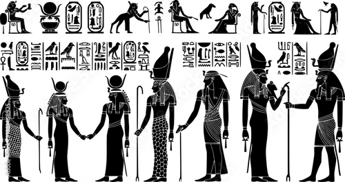 Collection of ancient Egyptian hieroglyphs and deities depicted in black silhouette style.
