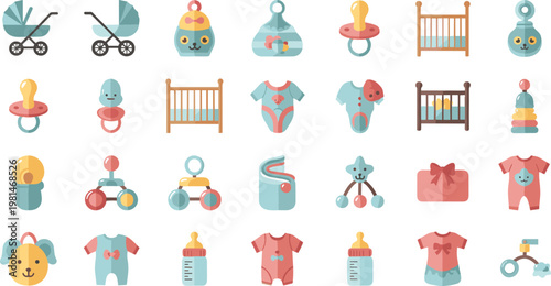 Baby Essentials Icon Set with Stroller Crib Pacifier Bottle Toys Clothes and Infant Care Accessories Cartoon Illustration Collection