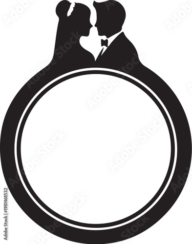 Silhouette of couple kissing inside a giant ring shape