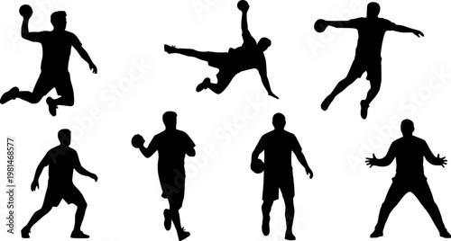 Silhouette collection of handball players in various dynamic poses during a game, isolated on white background.
