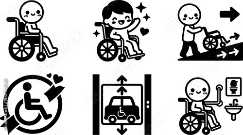Black and white wheelchair accessibility icons with smiling characters and mobility symbols