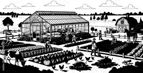 Silhouette panorama of a farm with greenhouse, people working, fresh produce, and farm animals in a rural landscape.
