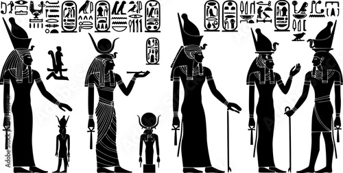 Collection of ancient Egyptian hieroglyphs and deities depicted in black silhouette style.
